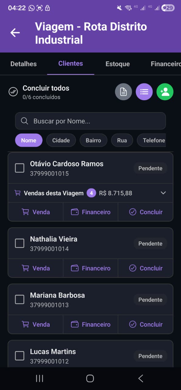 Clientes da viagem do dia