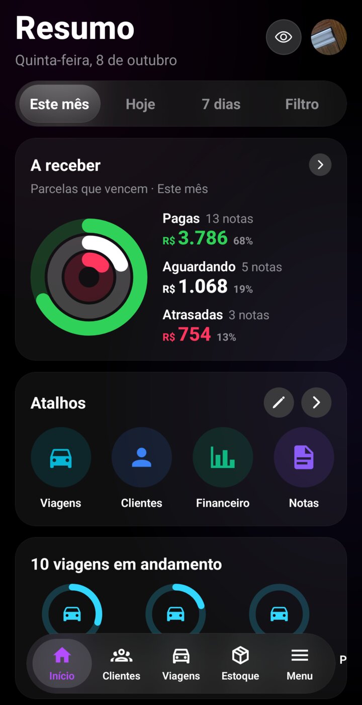 Dashboard com resumo da rota no celular
