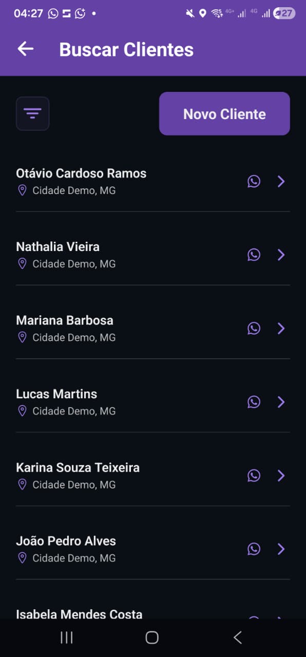 Lista de clientes cadastrados no app