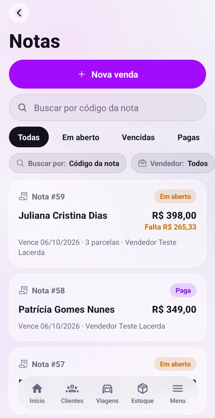 Lista de notas e vendas registradas