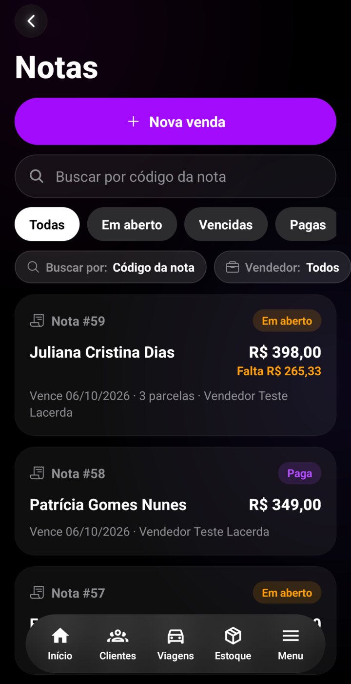 Lista de notas e vendas registradas