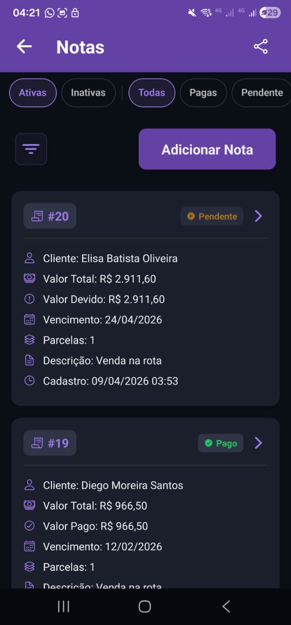 Lista de notas e vendas registradas
