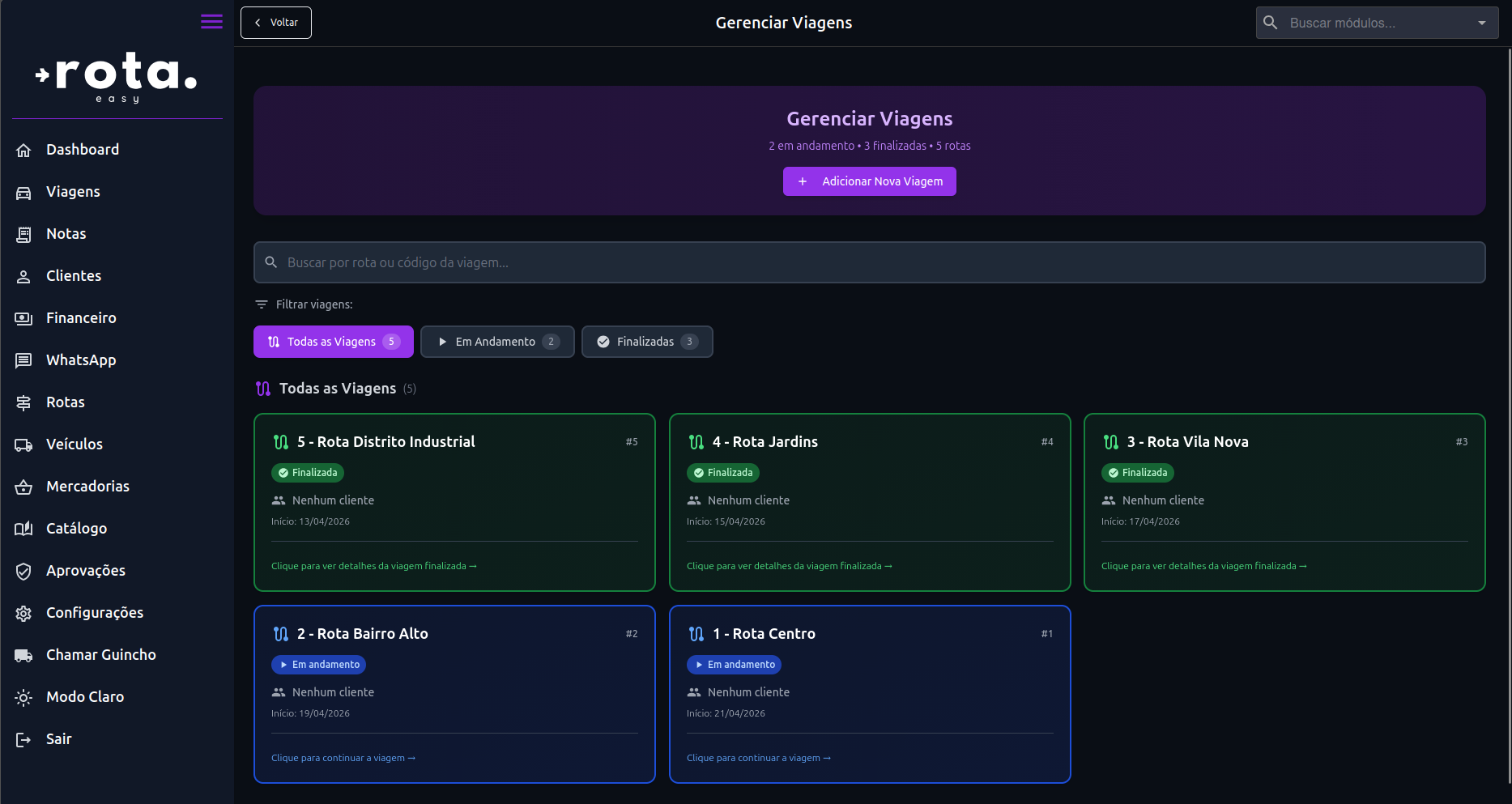 Controle de viagens e rotas